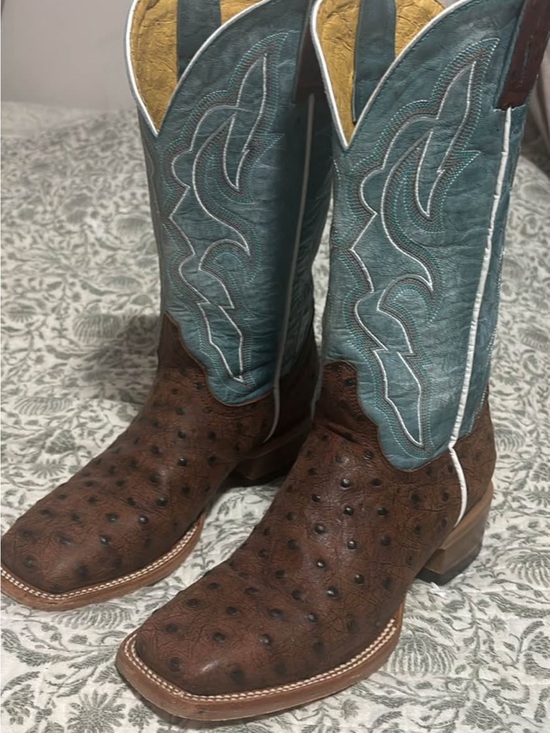 Rieker Shoes - Women’s Brown Ostrich Leather Western Boots with Teal Shaft